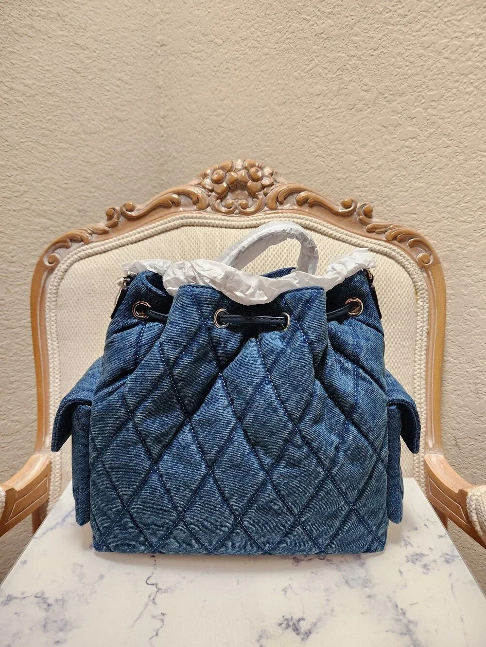 Tory Burch Charlie Quilted Denim Drawstring Shoulder Bag